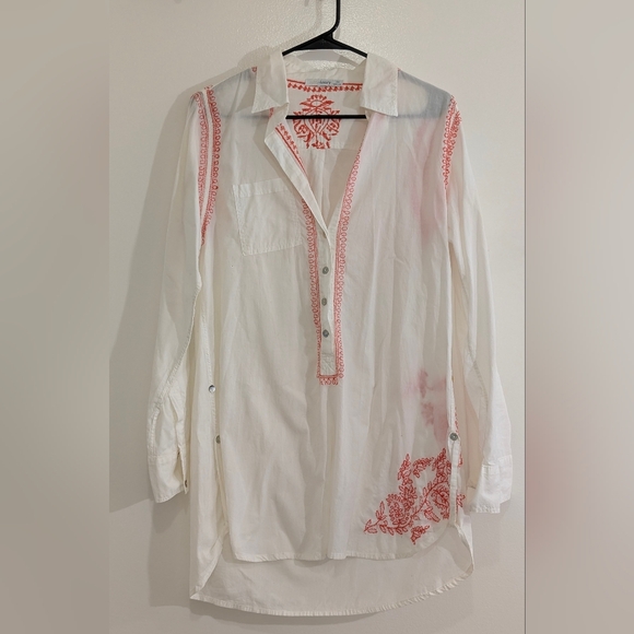 Subtle Luxury Boyfriend Shirt S/M White Cotton Embroidered Tunic Beach Boho - Picture 3 of 10